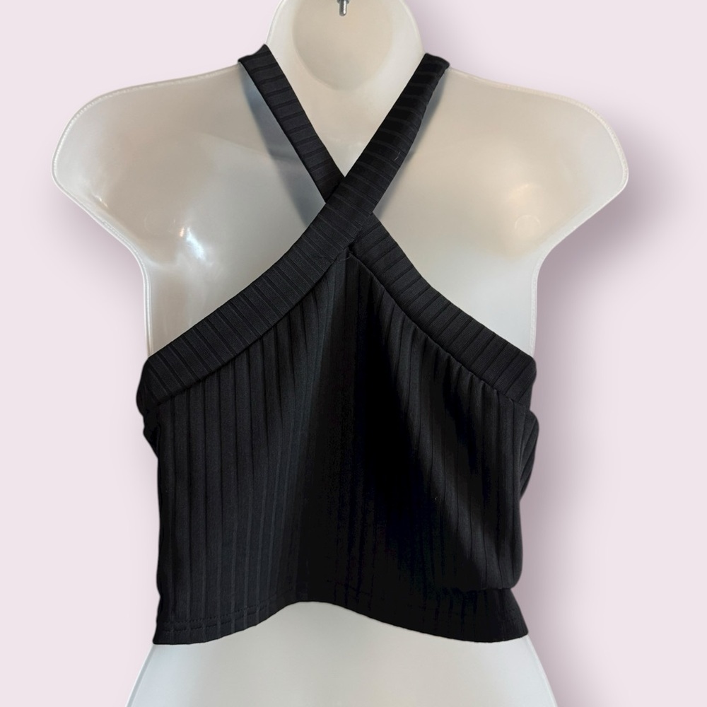 SHEIN Black Ribbed Halter Crop Top Cross Neck Sleeveless Size L - Picture 5 of 5